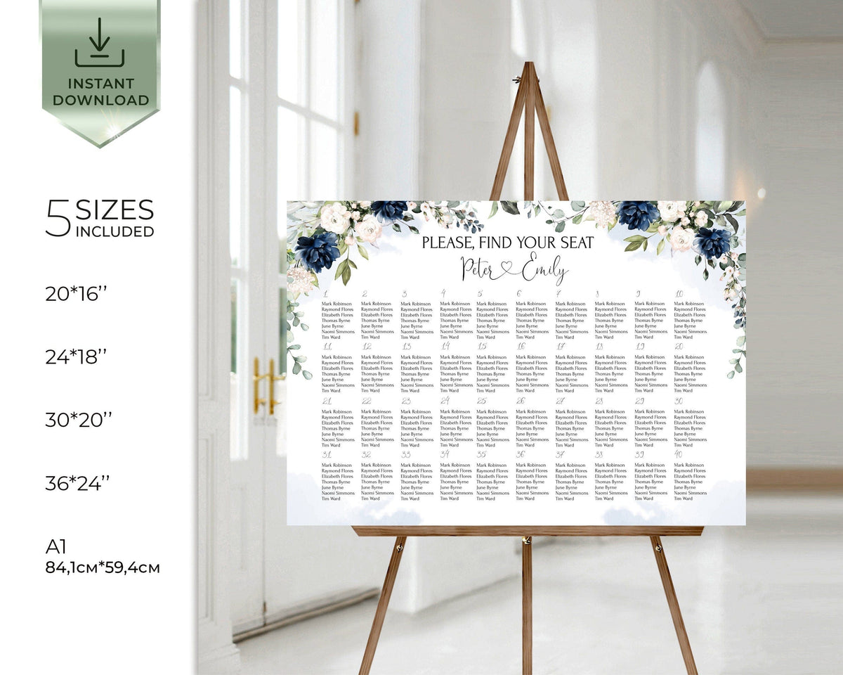 Gold Floral Wedding Seating Chart | 6 Sizes | Navy Blue Themed Inspo ...