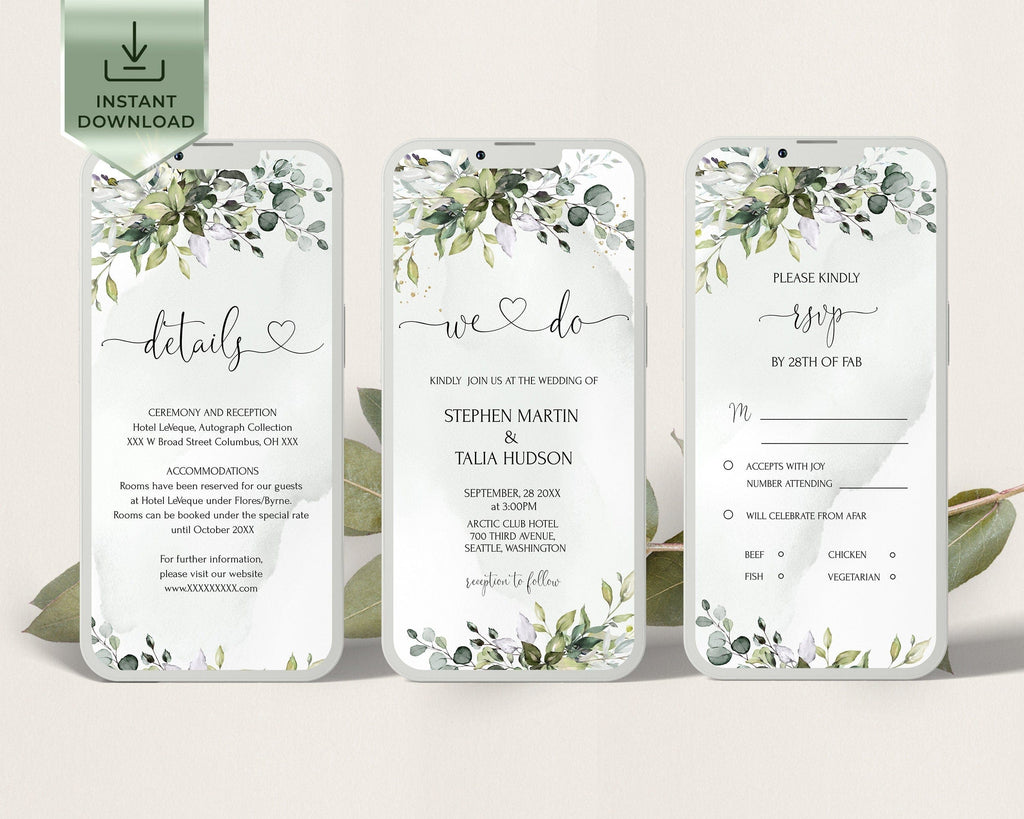 A set of three green wedding invitation templates with floral details, indicating different sections for an electronic invitation including details, RSVP, and an overall view.