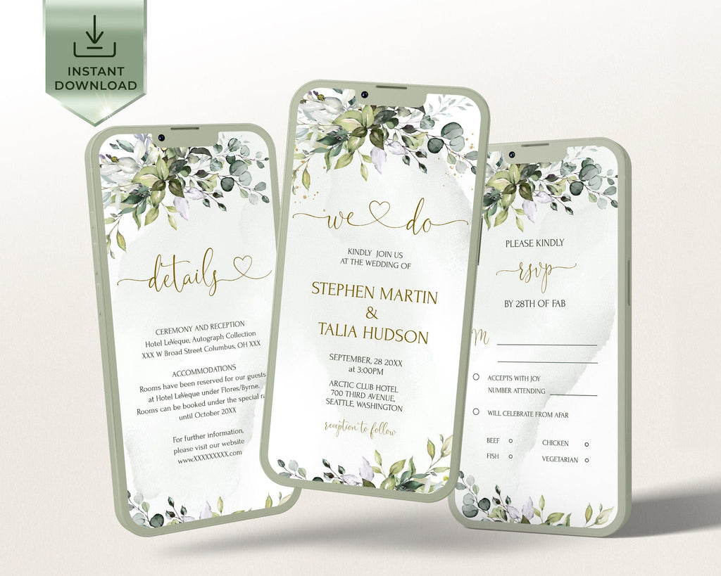 A set of digital wedding invitation templates with eucalyptus leaf motifs, including details for the wedding event.