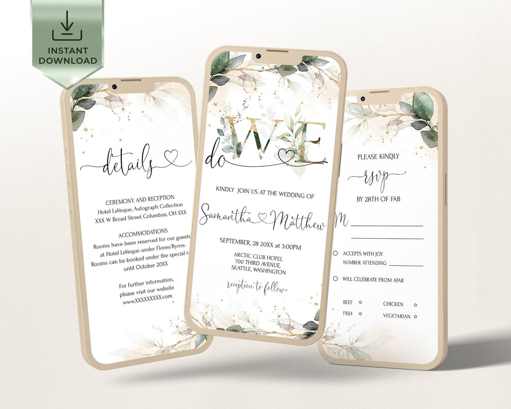 A set of three smartphone screens displaying a digital wedding invitation suite with greenery and gold details.