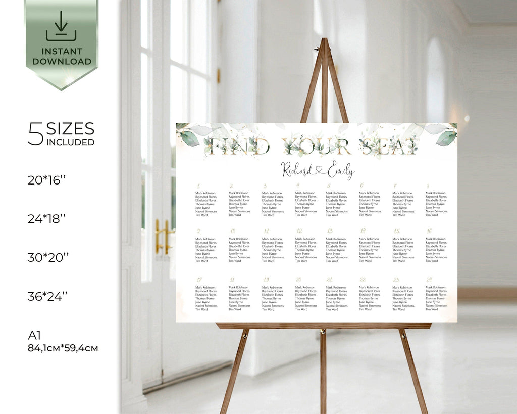 A digital wedding seating plan poster in sage green and gold theme displayed on a stand, with text placeholders for 'Gentlemen' and 'Ladies'.