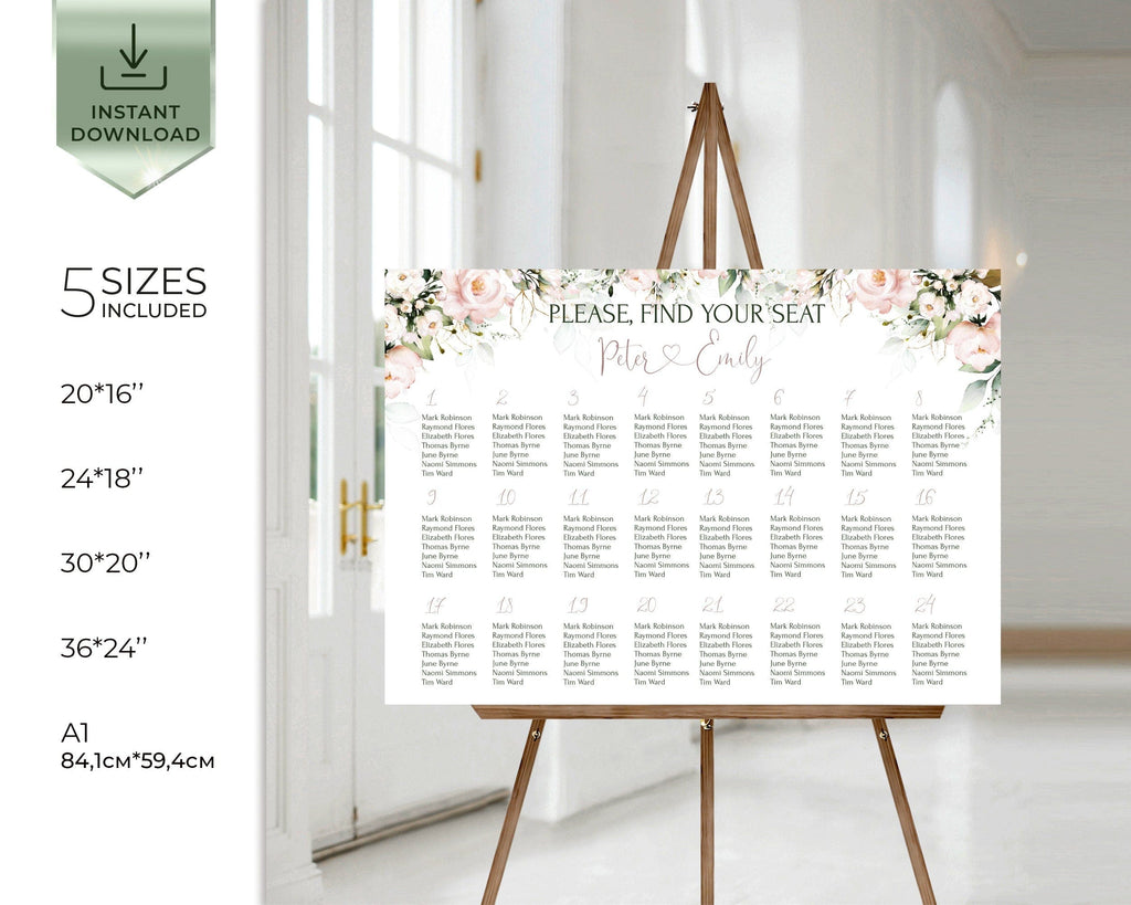 Floral seating chart on an easel with size options displayed.