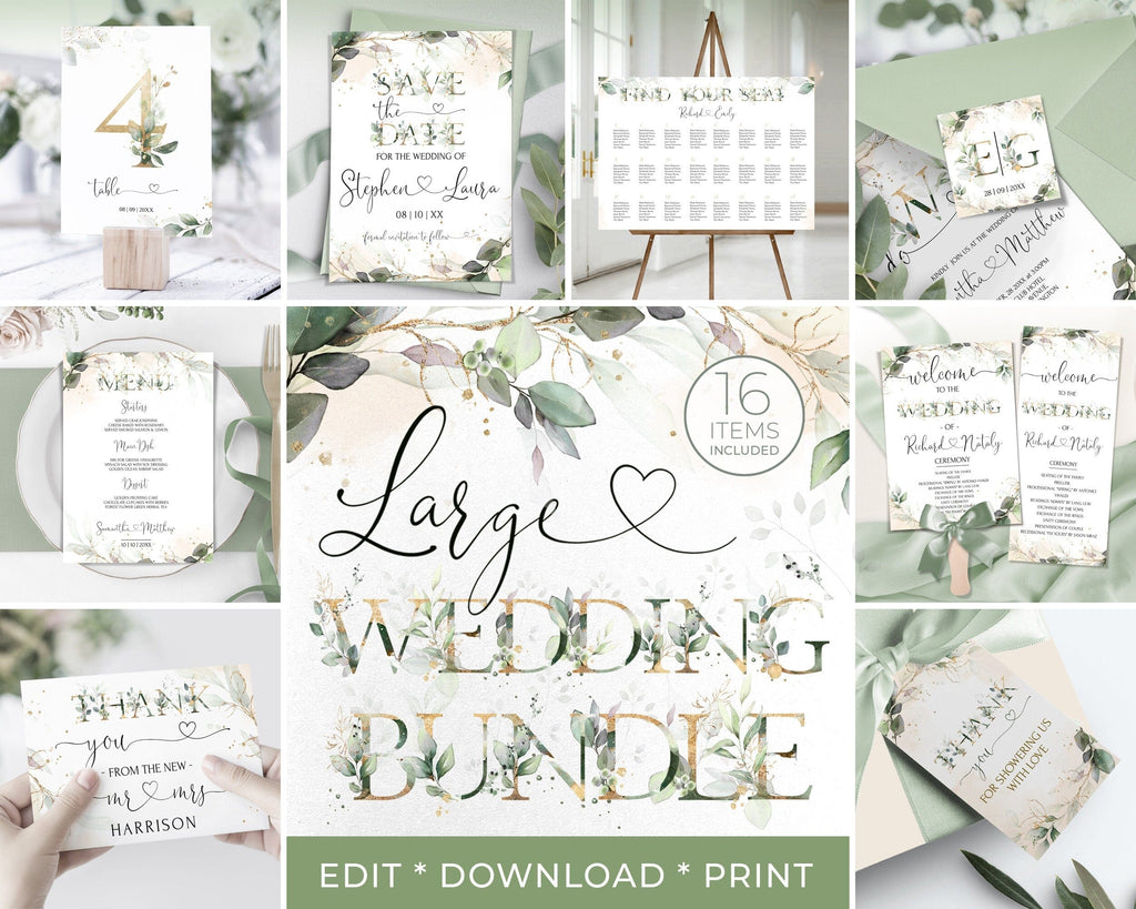 A collage of various wedding stationery items such as invitations, save-the-dates, and table numbers, featuring a leafy minimalist design and editable text placeholders.