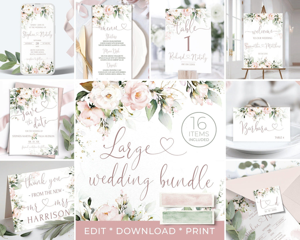 Collage of wedding stationery items with floral designs and text.