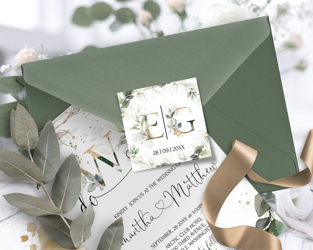 A digital image showing a monogram tag with the initials 'N E G' in a sage and gold color scheme, designed for envelope personalization.