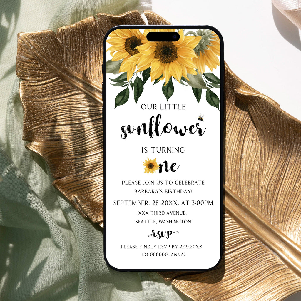 A digital baby shower invitation with a sunflower design, displaying the text 'Our Little Sunflower is Turning One' along with the birth details and an RSVP message.