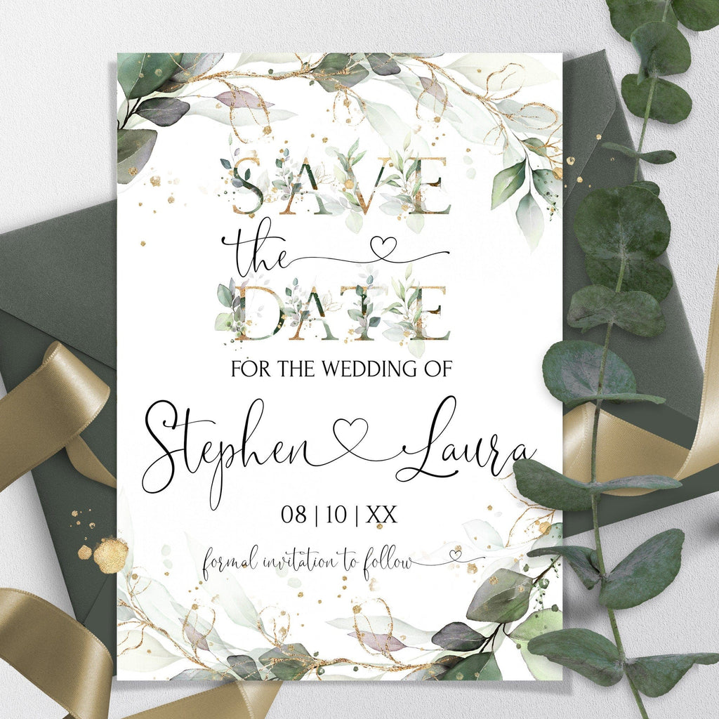 A 'Save the Date' wedding invitation card with green floral patterns and gold accents around the text, displayed on a white background with a dark envelope and decorative elements.