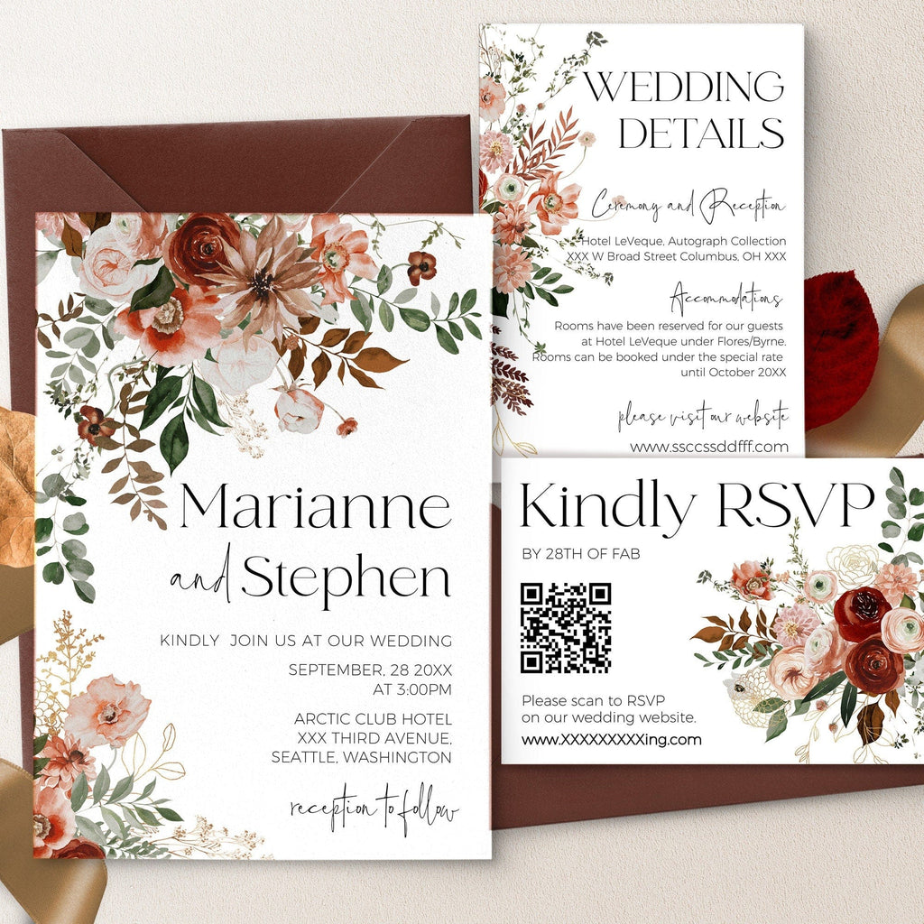 A set of three printed wedding invitation cards with floral designs in terracotta, copper, and burnt orange hues, along with a 'Wedding Details' card and a 'Kindly RSVP' card.