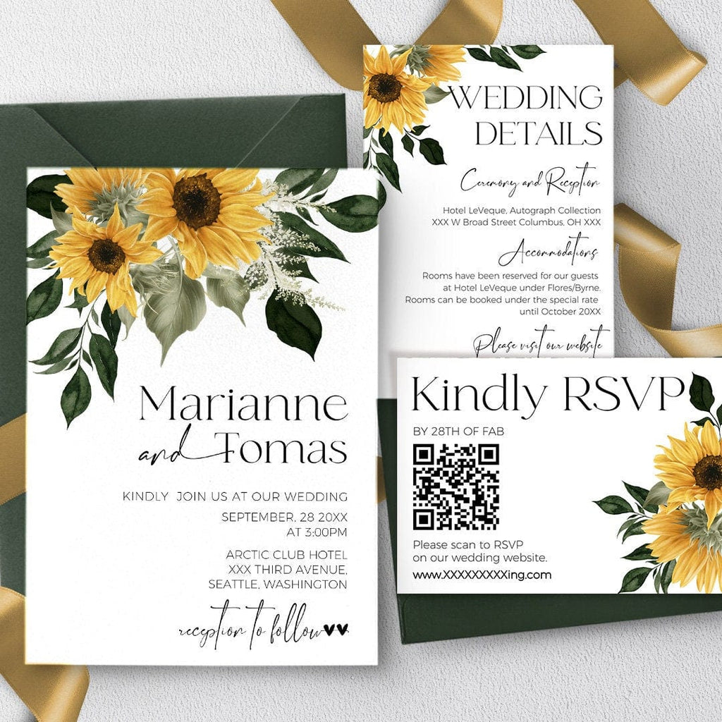 A set of three printable wedding invitations with sunflower designs, including a wedding invitation, details card, and RSVP card, all with QR codes.