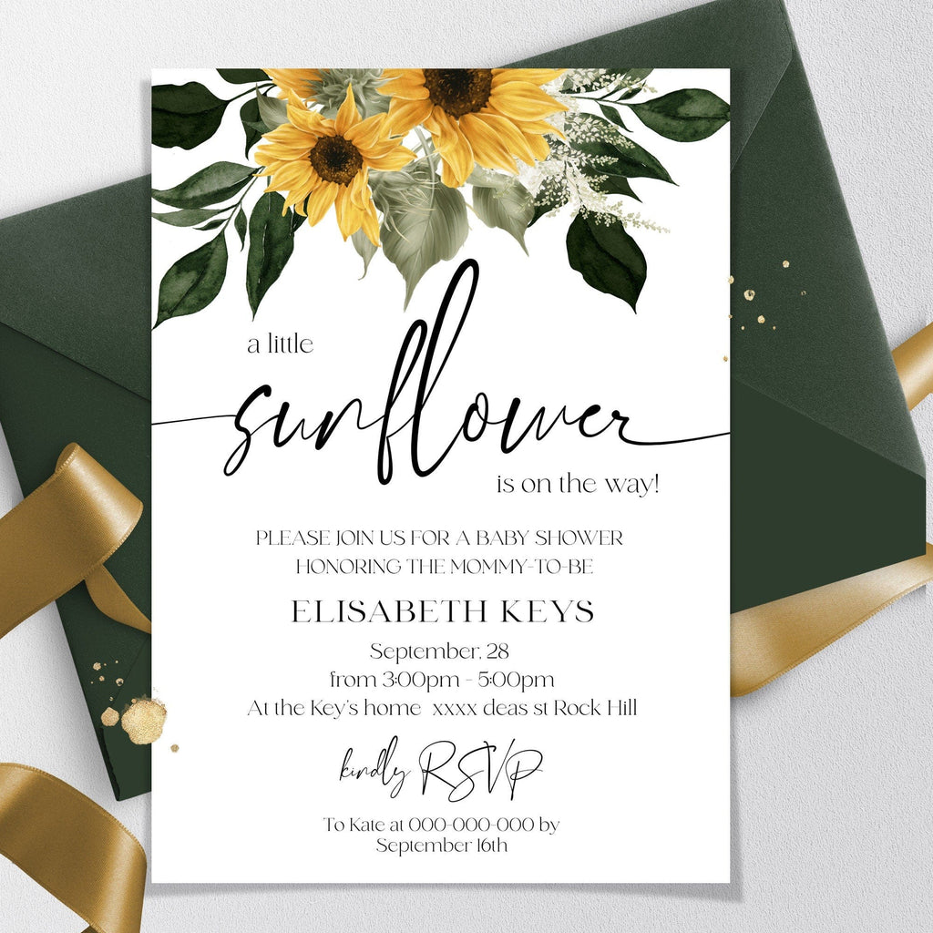 A baby shower invitation with a floral design featuring sunflowers, green leaves, and a textual message that reads 'A Little Sunflower is on the Way!' along with the details of the event.