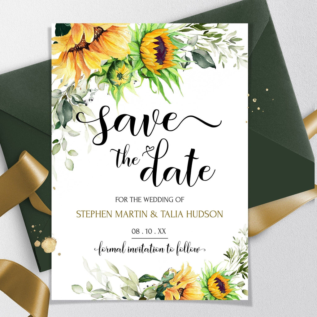 A rustic style save the date card with a floral design, featuring sunflowers and other yellow flowers, with text that reads 'Save the Date for the Wedding of Stephen Martin & Tallia Hudsonson'.