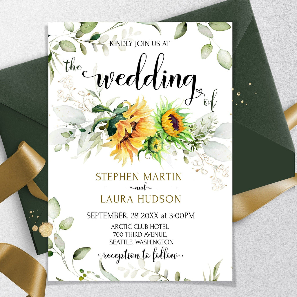 A sample image of a wedding invitation with a floral design, green leaves, and yellow flowers. The text is in a cursive font and includes the names of the couple and the wedding details.