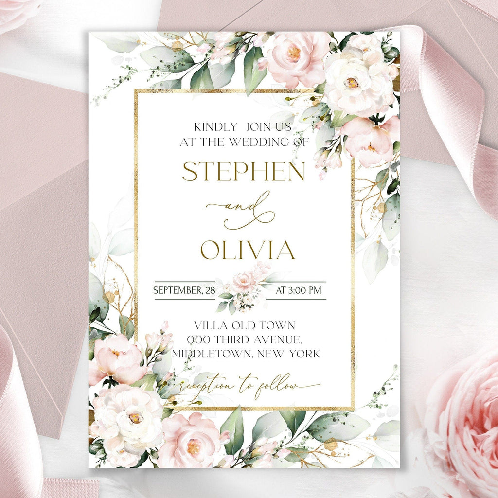 Wedding invitation card with floral design and text on a white background
