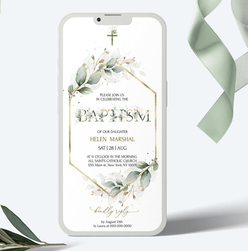 A digital baptism invitation displayed on a smartphone, featuring a greenery and gold design with a cross, and text placeholders for the event details.