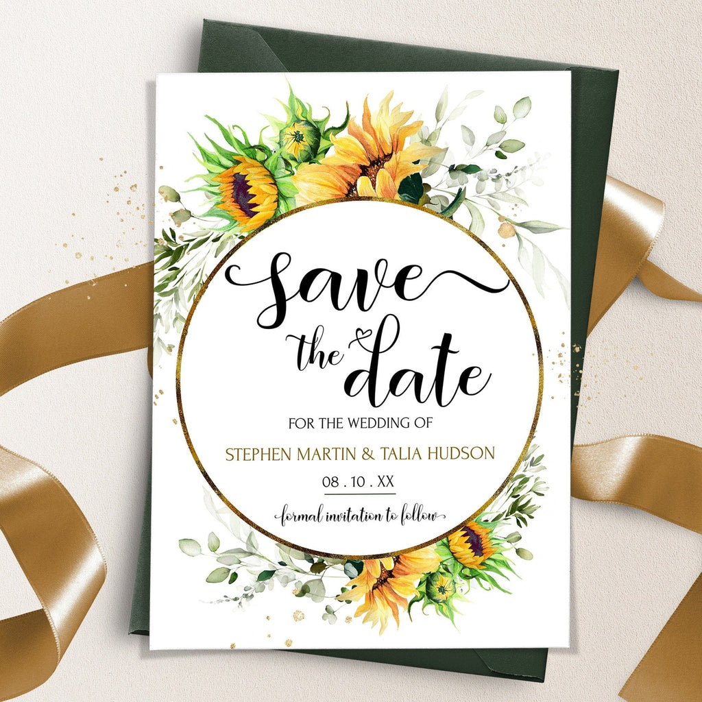 A rustic style save the date card with a circular design, featuring sunflowers and other yellow flowers, with text that reads 'Save The Date' for a wedding.