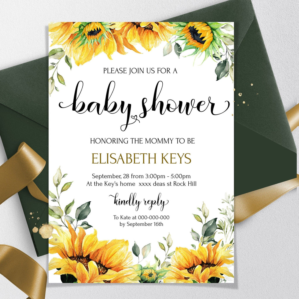 A baby shower invitation card with floral design, featuring sunflowers, and customizable text for a rustic gender-neutral celebration.