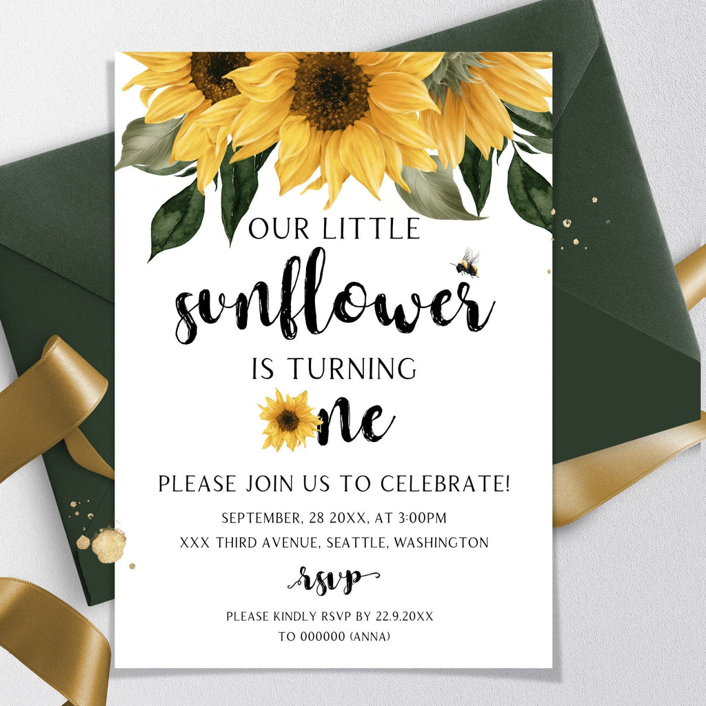 A folded invitation card with a rustic design featuring sunflowers and the text 'Our Little Sunflower is turning one'. 