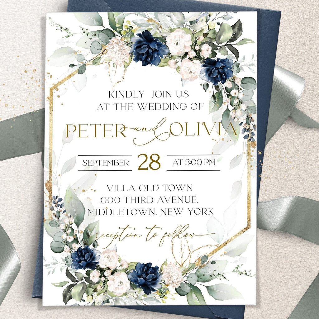 Wedding invitation card with floral design, golden frame and event details