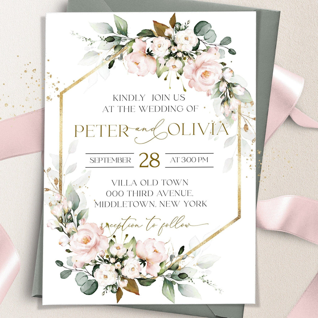Wedding invitation card with floral design and event details on a light background