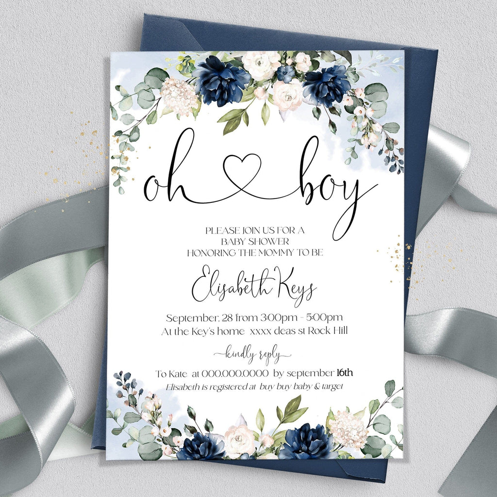 Baby shower invitation with floral design and text on a white background
