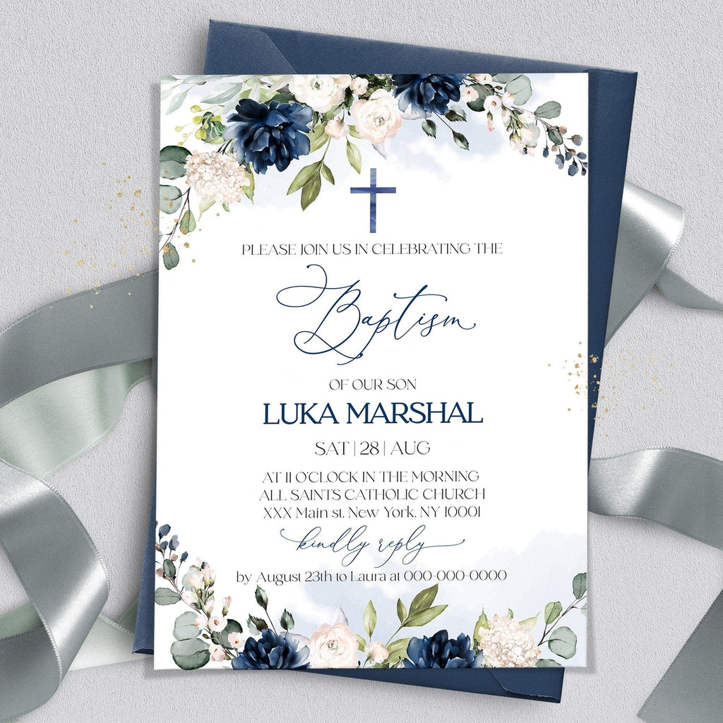 Baptism invitation with floral design and cross on a white background