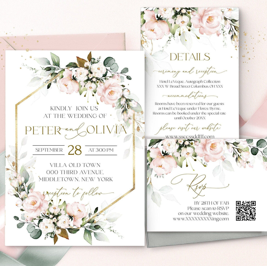 Floral wedding invitation set with RSVP card on a light pink background