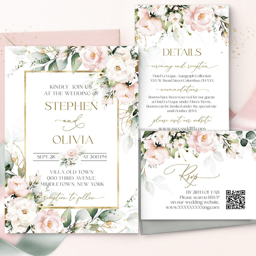 Wedding invitation set with floral design and details on a white background