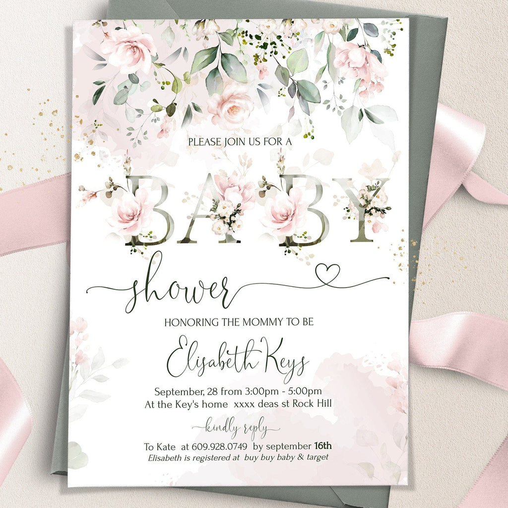 Baby shower invitation with floral design and pink ribbons on a neutral background