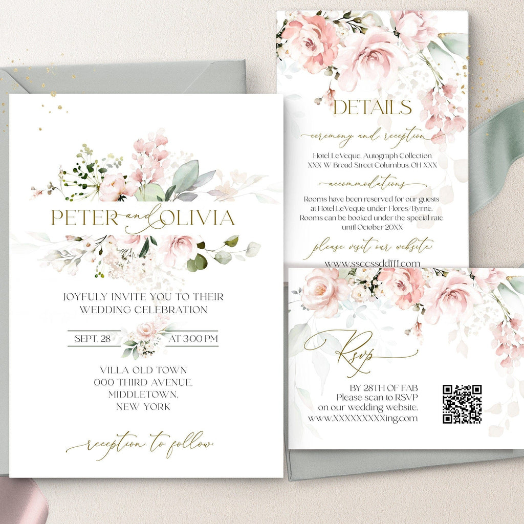 Floral wedding invitation set with RSVP card on a neutral background