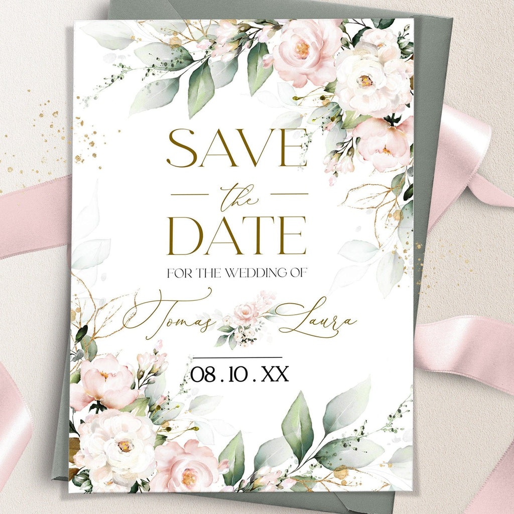 Floral 'Save the Date' card with pink and white flowers on a light background