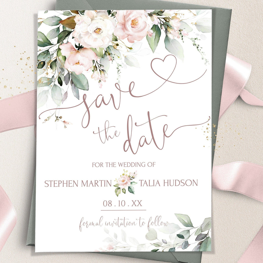 Floral 'save the date' card with pink peony and greenery on a light background.