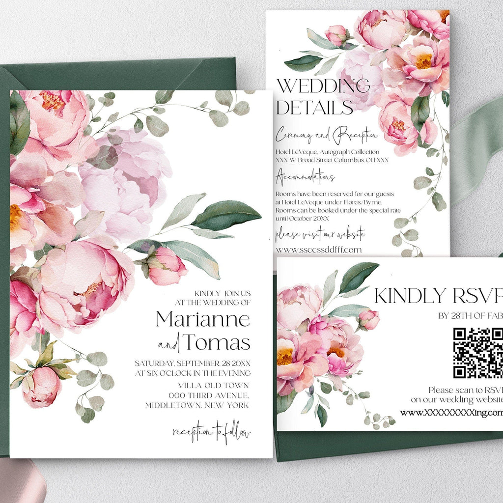 A set of wedding invitations with peony flower designs in blush pink, including details and RSVP cards.
