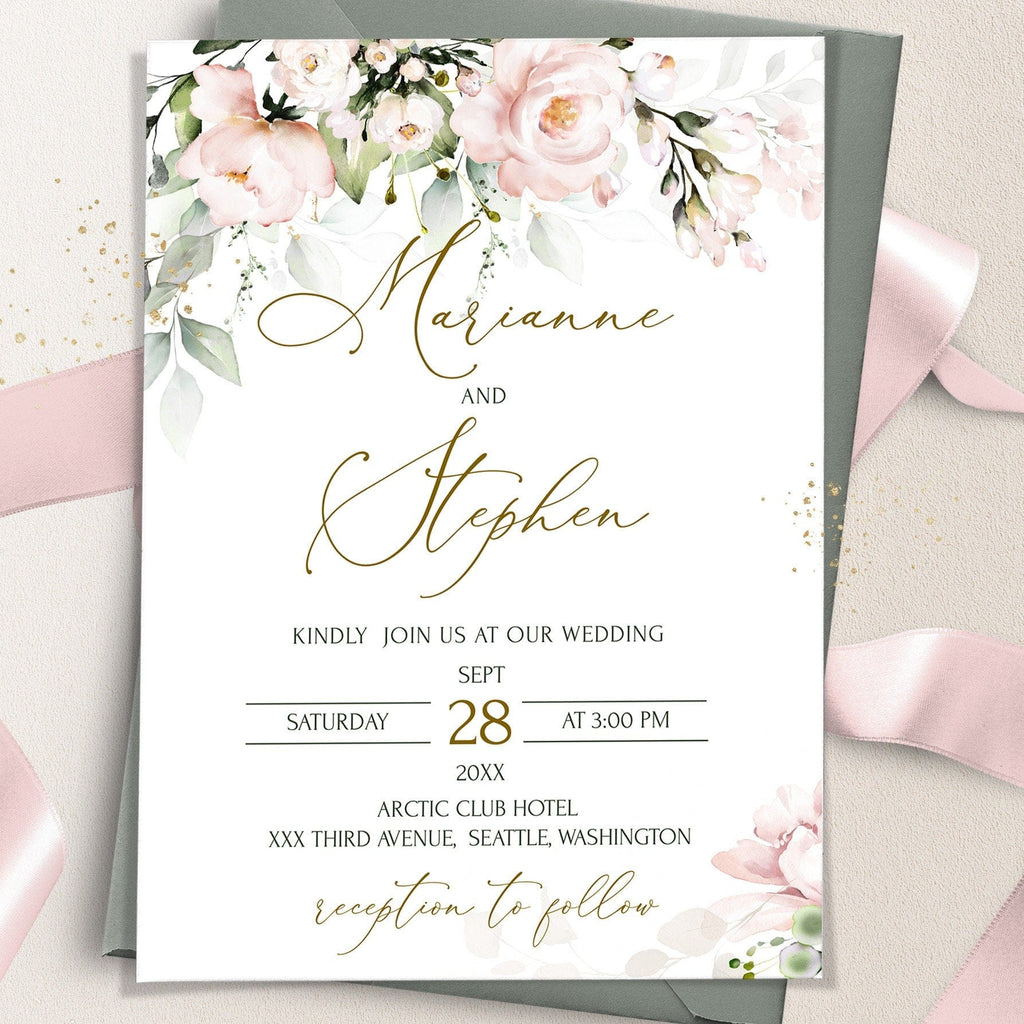 Wedding invitation card with floral design and details on a light background