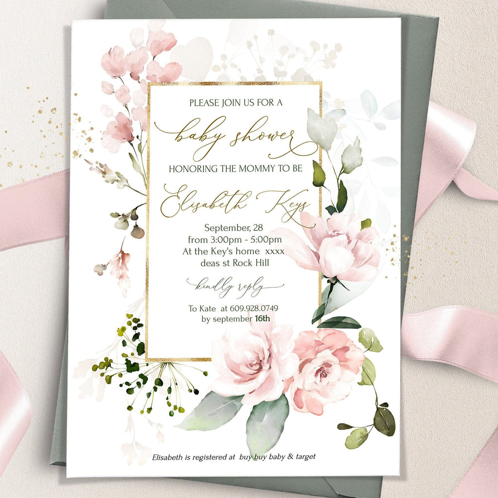 Baby shower invitation with floral design on a light background