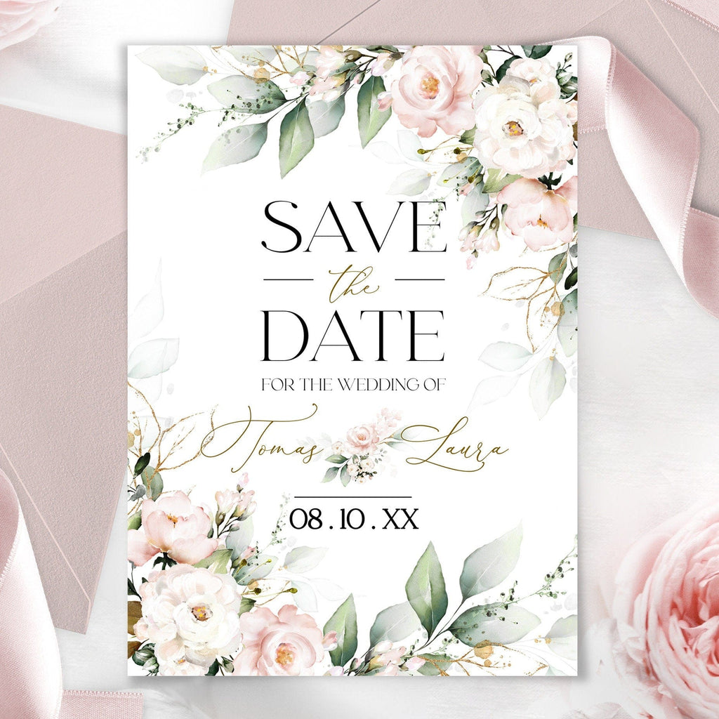 Save the date card with blush pink floral design and golden accents on a pastel background