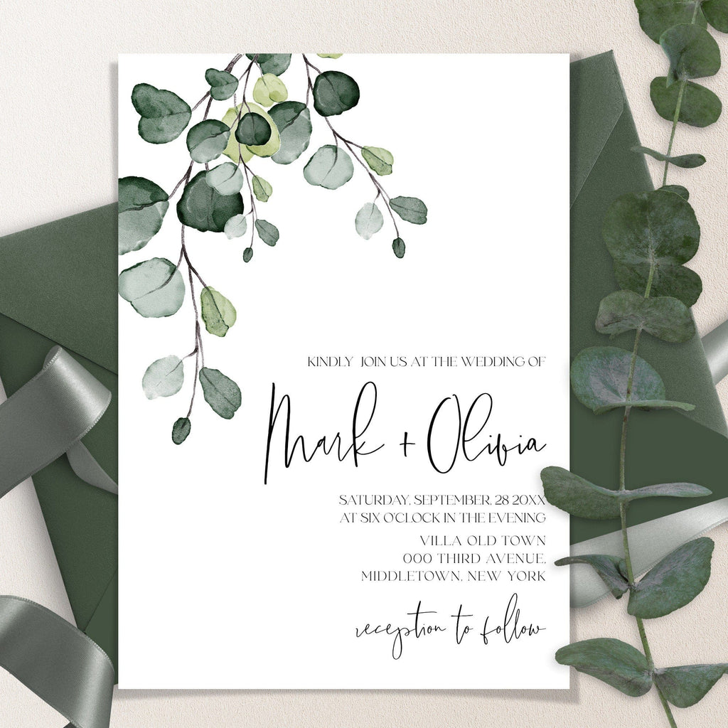 A printable wedding invitation with a modern greenery design, featuring eucalyptus leaves and the elegant calligraphic font.