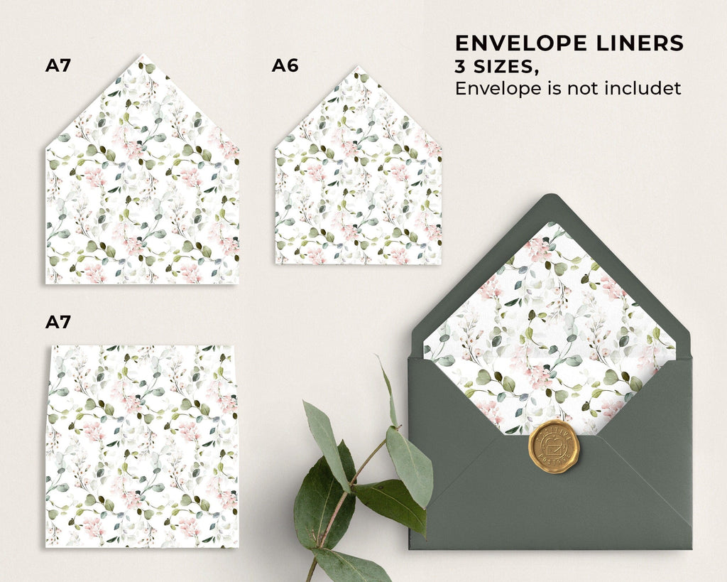 Floral patterned envelope liners in different sizes with an envelope on a light background.