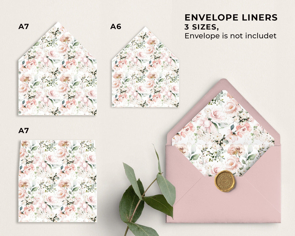 Floral envelope liners in various sizes with a pink envelope.