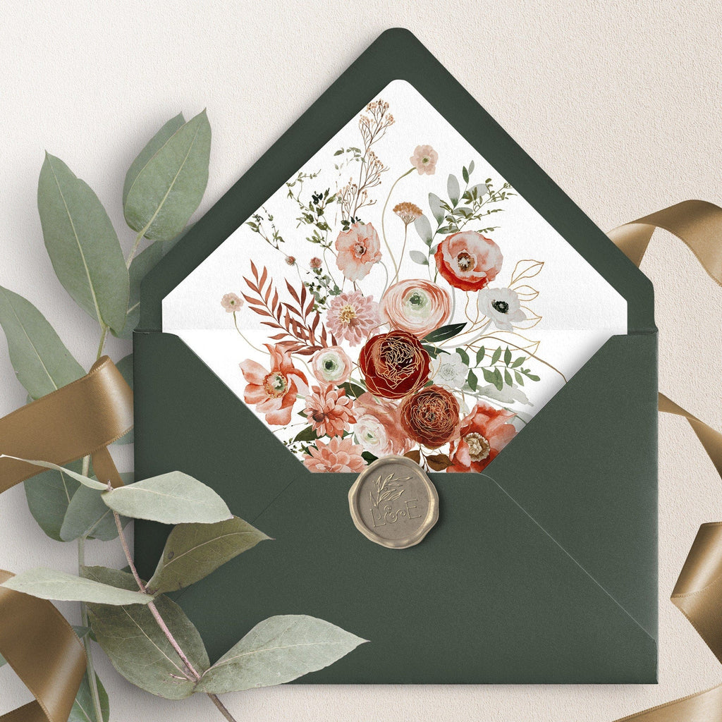 An envelope liner with a floral pattern in shades of burgundy and terracotta.