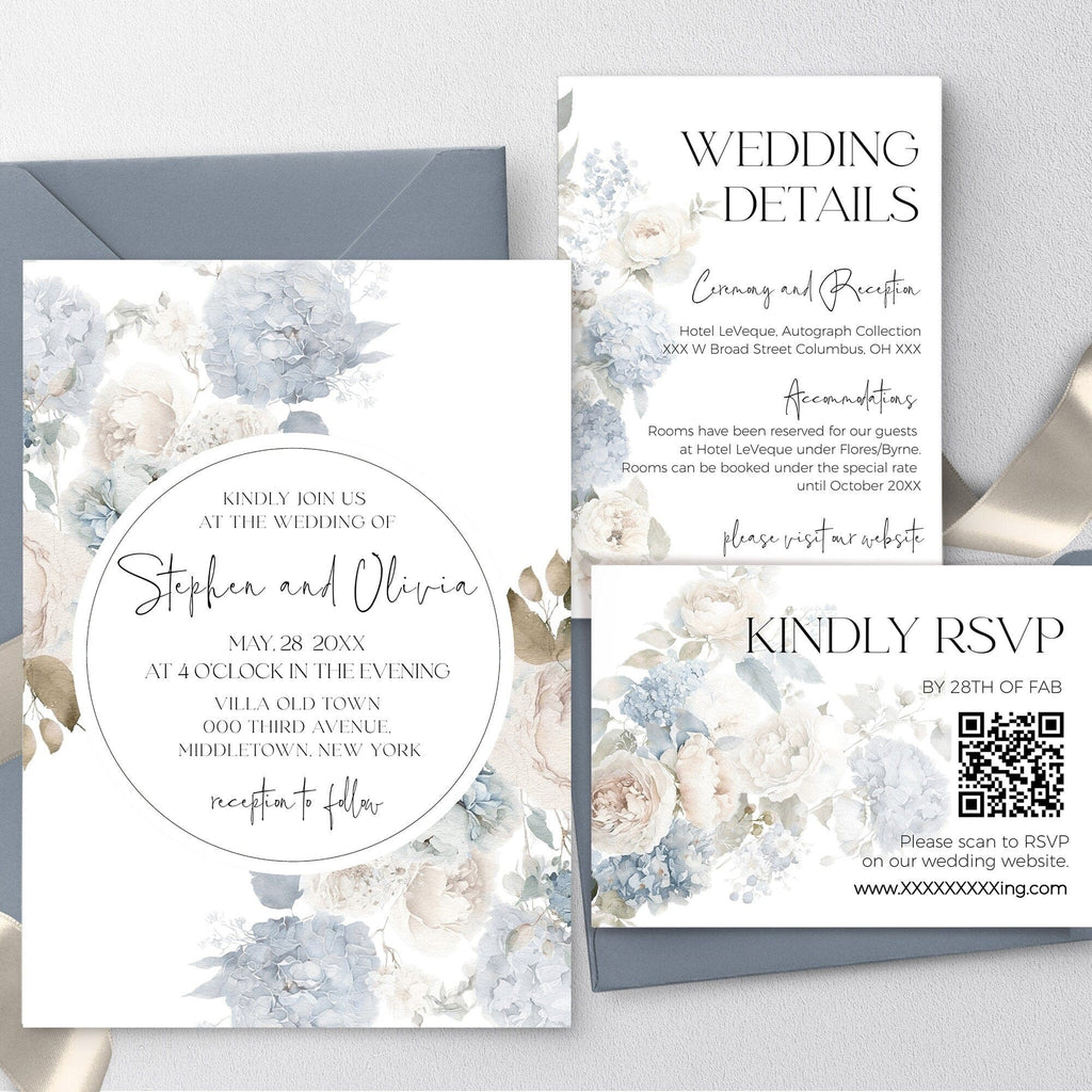 Wedding invitation set with floral design and QR code on a light gray background