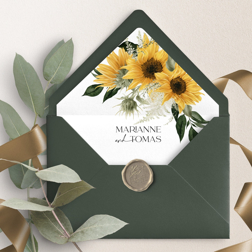 A digital envelope liner with a sunflower design, names, and a wax seal stamp on it, displayed inside a green envelope with decorative elements around.