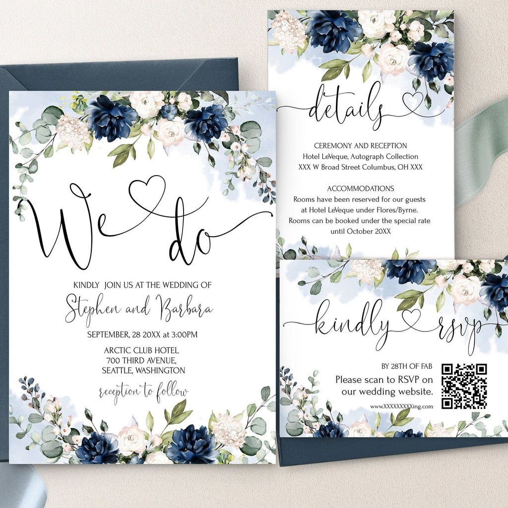 Wedding invitation set with floral design and RSVP card on a neutral background