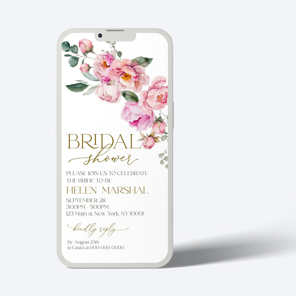 Electronic bridal shower invitation with a floral design featuring peony flowers and customizable text for the event details.