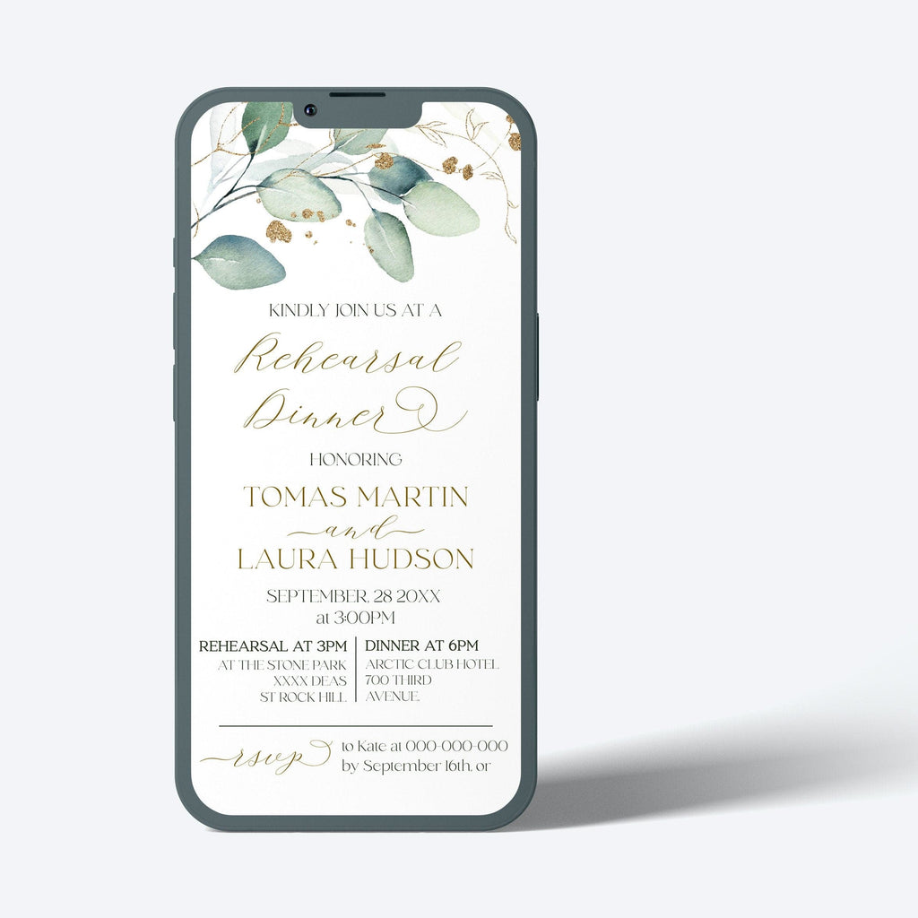 Phone case with a rehearsal dinner invitation design featuring green leaves and gold text.