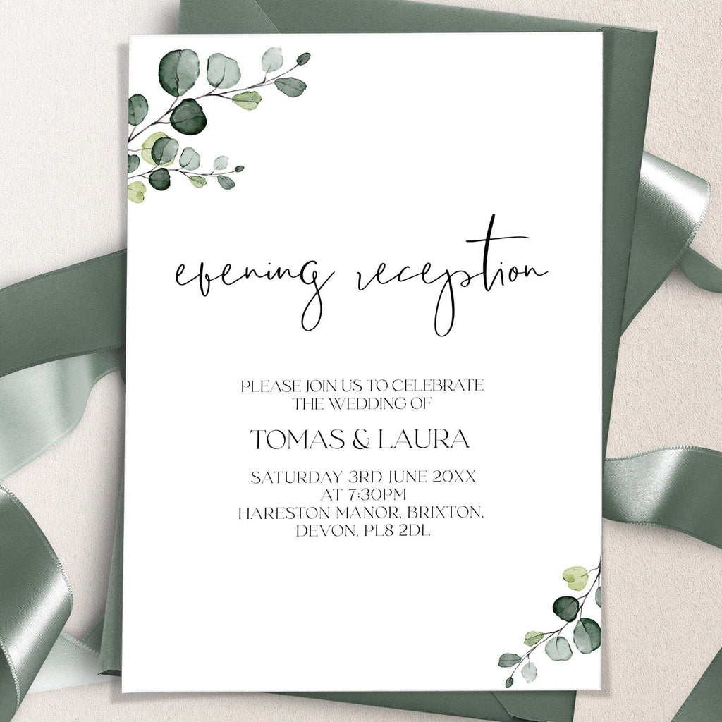 An evening reception invitation with green leaves and a calligraphic design, indicating it is for a wedding.