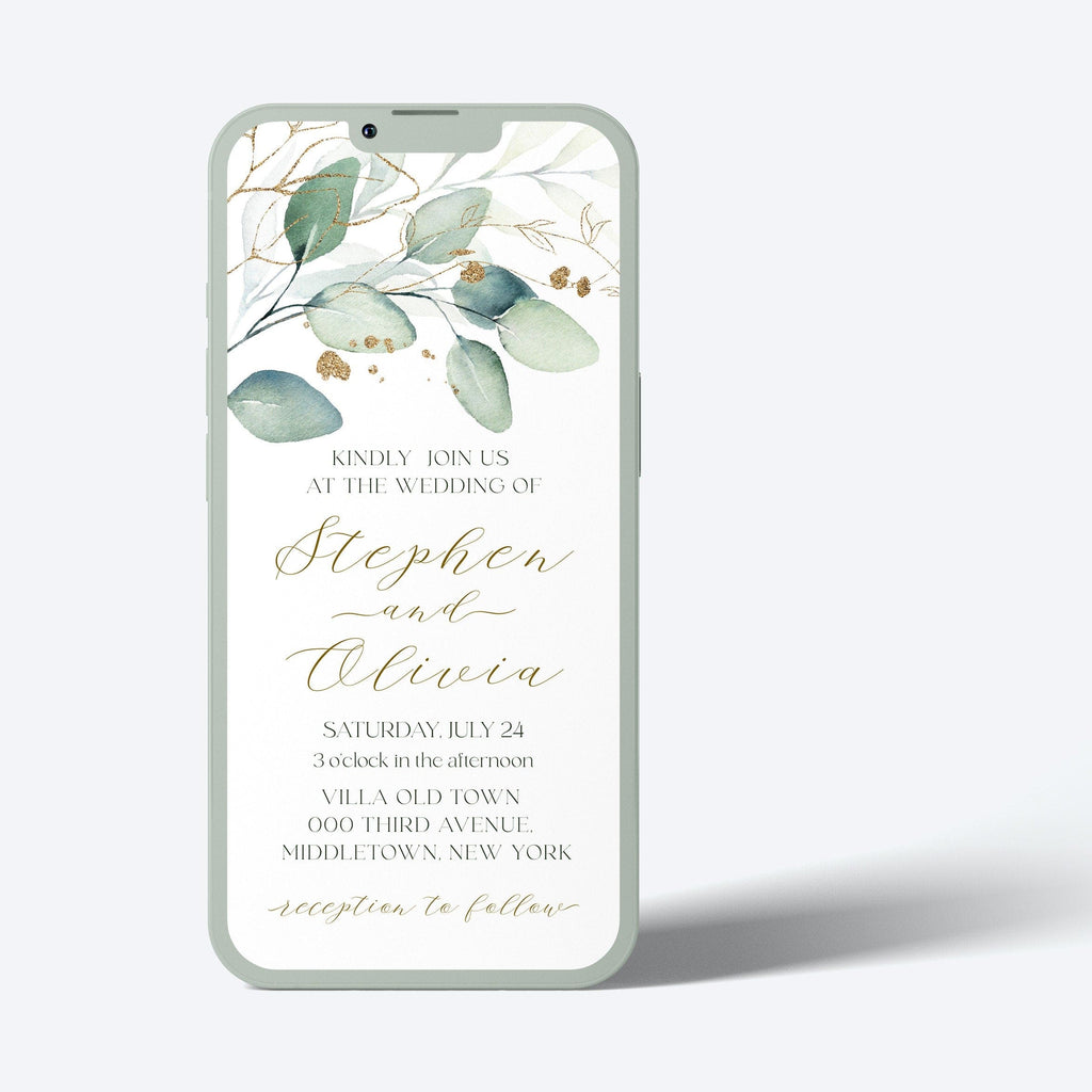Phone case with wedding invitation design featuring leaves and text on a white background