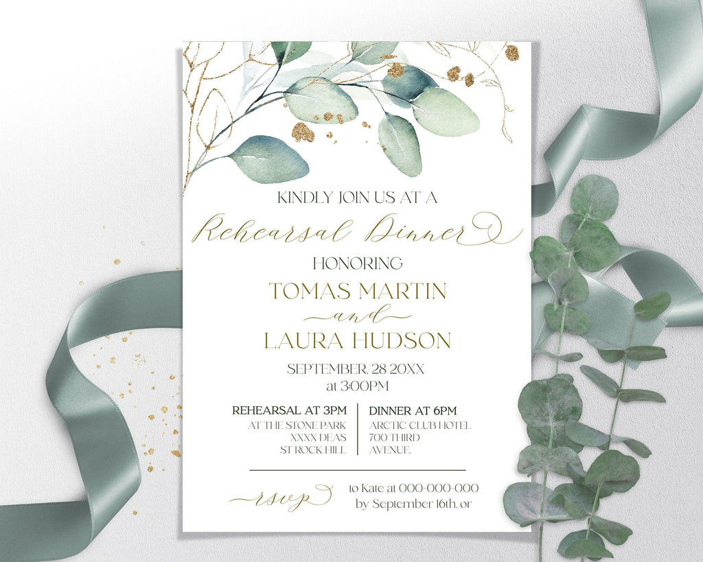 Invitation card for a rehearsal dinner with greenery and ribbons on a white background