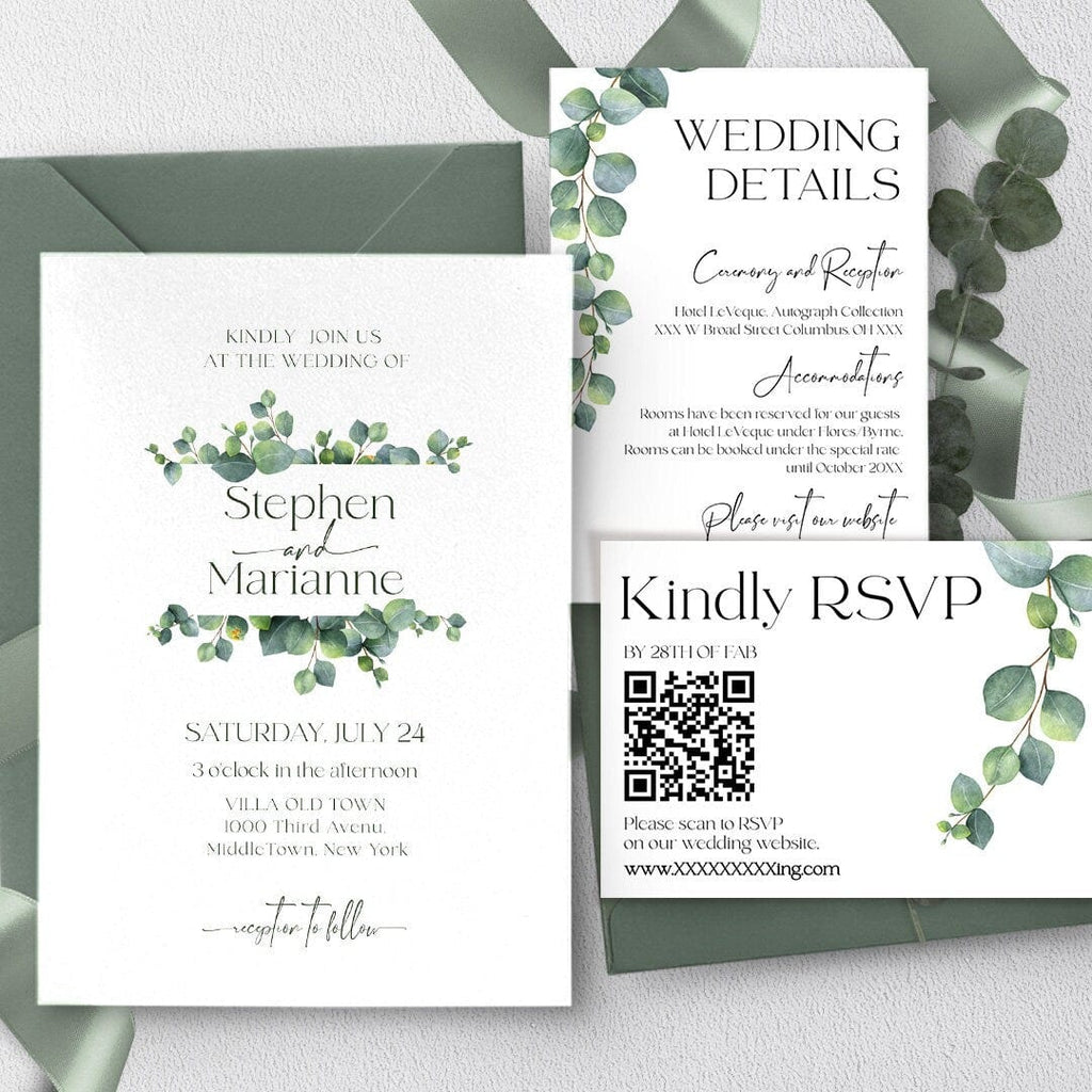 A set of green wedding invitation printables including an invitation card, details card, and response card, with matching envelopes.