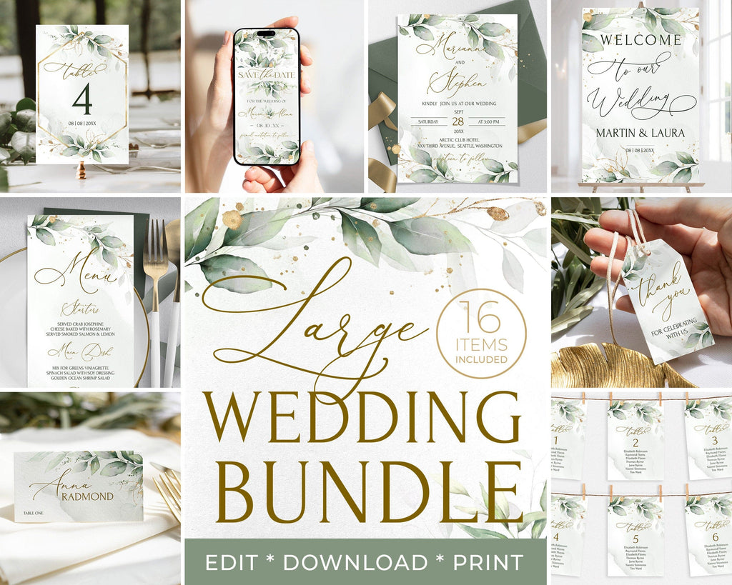 A collage of various wedding invitation templates and stationery items including save the dates, invitations, details cards, and more, predominantly featuring a green and gold design.
