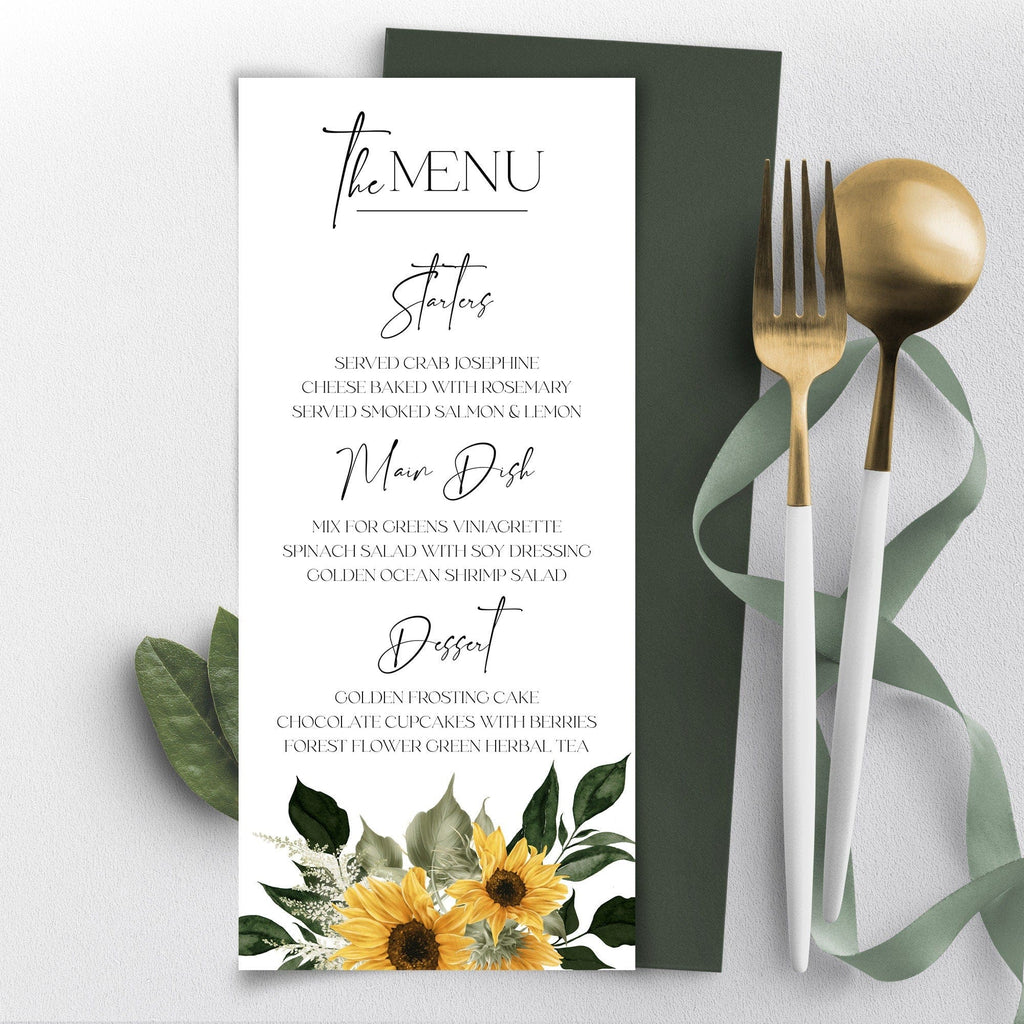 A printable rustic wedding menu card with a floral design.